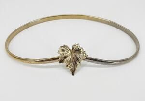 Gold Tone Leaf Belt Stretch Metal Statement Skinny Nature Vintage 80s